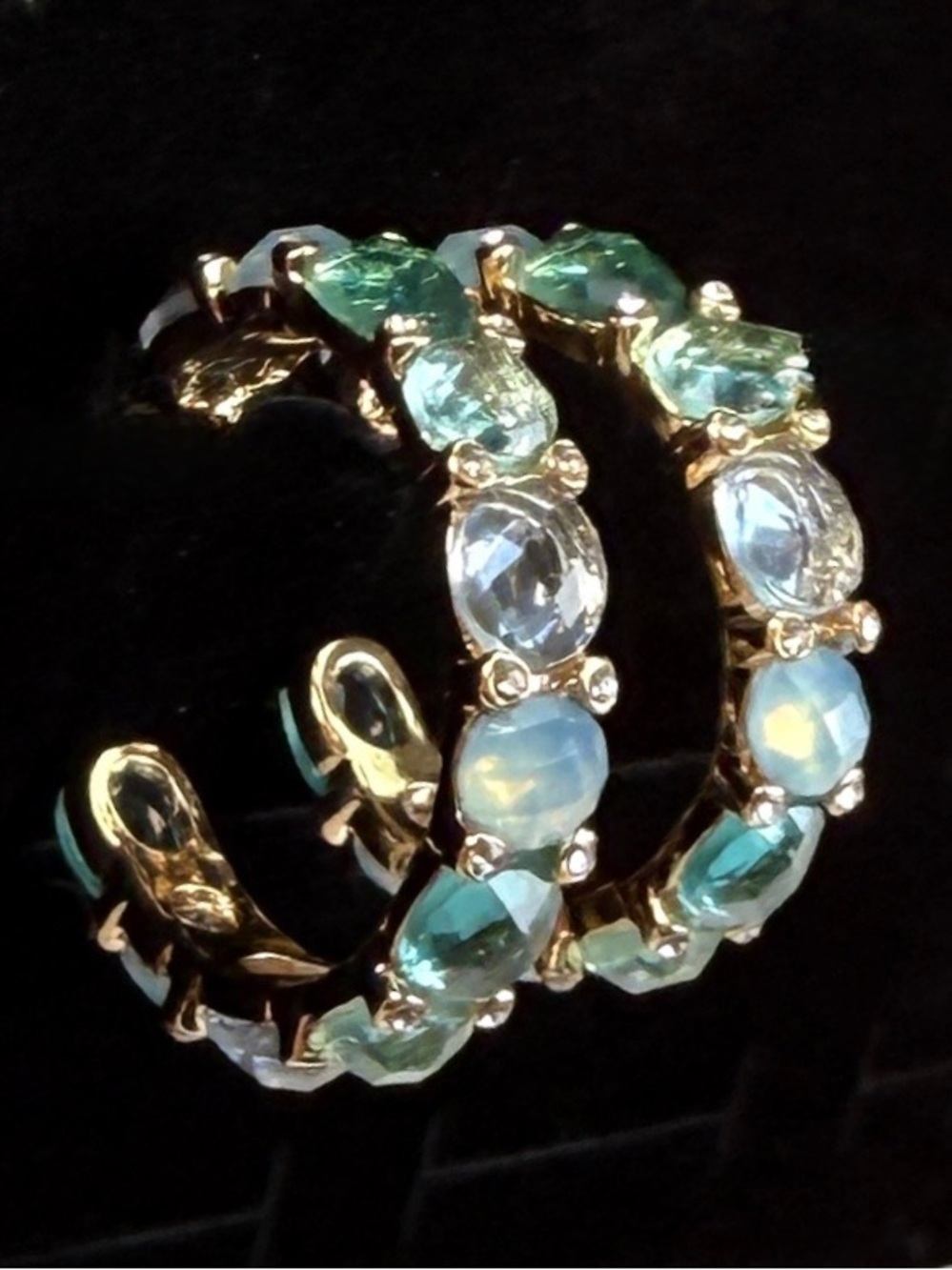 Anne Klein Blue Green Crystal Gold Tone Hoop Pierced Earrings